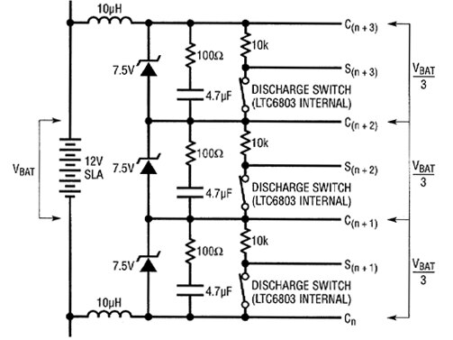 Voltage-divider structure for each 12 volt battery measuremen Image of Voltage-divider structure for each 12 volt battery measuremen