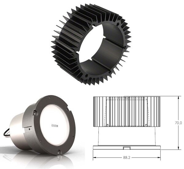 Cree provides an optional heat sink that fits over its LMR2 LED Module Image of Cree provides an optional heat sink that fits over its LMR2 LED Module