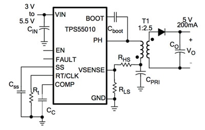 Simplified schematic of flyback regulator circuit using the TPS55010 Image of Simplified schematic of flyback regulator circuit using the TPS55010