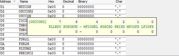 MPLAB’s SFR display Image of MPLAB’s SFR display