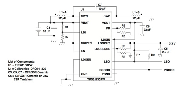 Schematic for TI's TPS61130 configured with a single output Image of Schematic for TI's TPS61130 configured with a single output