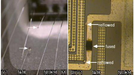 Die wire fusing and substrate metallization Image of die wire fusing and substrate metallization