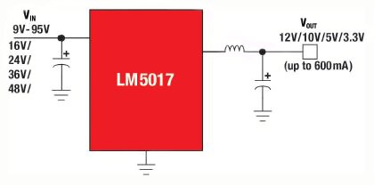 TI's LM5017 COT synchronous buck regulator Diagram of TI's LM5017 COT synchronous buck regulator