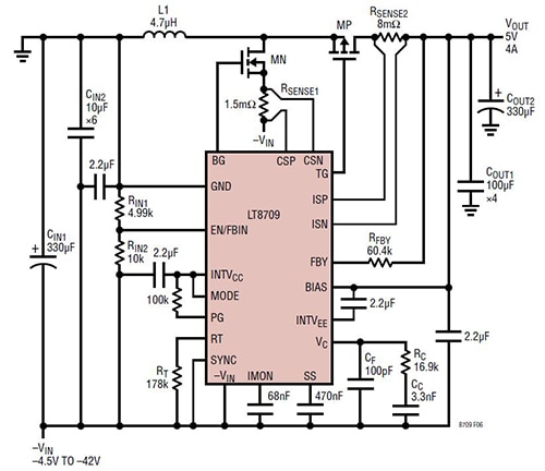 Linear Tech’s LT8709 inverting converter Diagram of Linear Tech’s LT8709 inverting converter