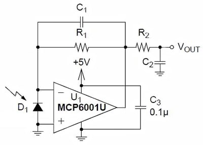 Microchip MCP6001U trans-impedance op-amp approach Diagram of Microchip MCP6001U trans-impedance op-amp approach