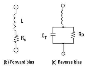 PIN diode when forward biased (left) and reverse biased (right) Model of the PIN diode when forward biased (left) and reverse biased (right)