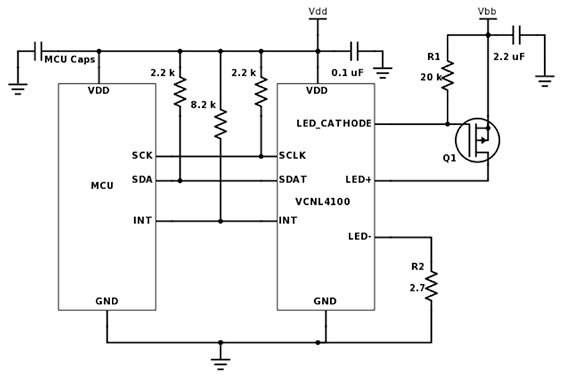 Typical application circuit for Vishay VCNL4100 Diagram of typical application circuit for Vishay VCNL4100