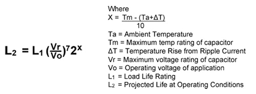 Formula to estimate lifespan for metalized film capacitors, which have a much longer lifespan than classic electrolytics, note exp. 7. (Source: Illinois Capacitor) Formula to estimate lifespan for metalized film capacitors, which have a much longer lifespan than classic electrolytics, note exp. 7. (Source: Illinois Capacitor)