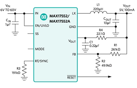 Maxim MAX17552A’s switching topology Diagram of Maxim MAX17552A’s switching topology