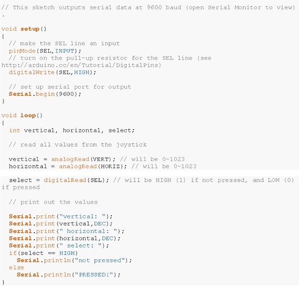 Sample Arduino code for reading values from a SparkFun joystick Image of sample Arduino code for reading values from a SparkFun joystick