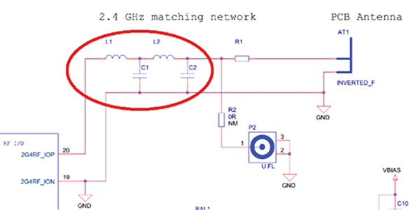 2.4 GHz four-element transmitter-matching network Diagram of 2.4 GHz four-element transmitter-matching network