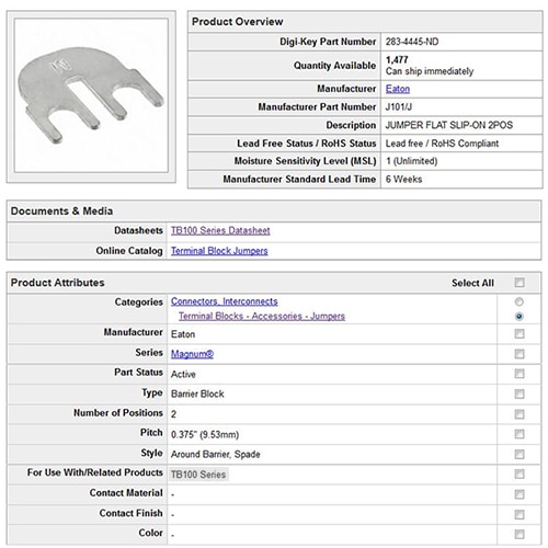 Digi-Key part search page for the J101/J jumper Image of Digi-Key part search page for the J101/J jumper