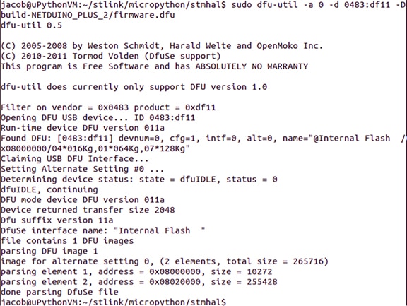 MicroPython being loaded onto a microcontroller using the dfu-util 利用 dfu-util 將 MicroPython 載入到微控制器的示意圖