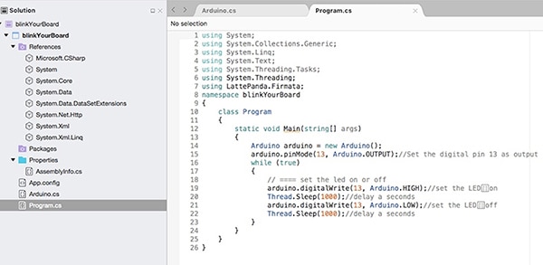 Visual Studio code for blinking the on-board LED (click for full-size) Screen capture of the Visual Studio code for blinking the on-board LED (click for full-size)