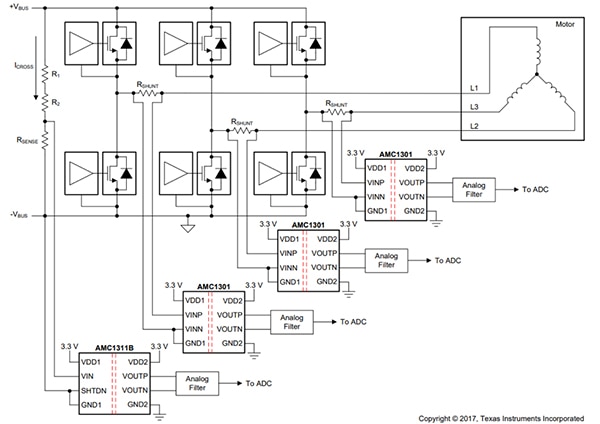 Texas Instruments AMC1301 and AMC1311 isolated amplifiers (click to enlarge) Diagram of Texas Instruments AMC1301 and AMC1311 isolated amplifiers (click to enlarge)