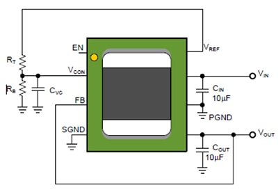 Texas Instruments LMZ10501 requires just three small capacitors and two resistors Diagram of Texas Instruments LMZ10501 requires just three small capacitors and two resistors