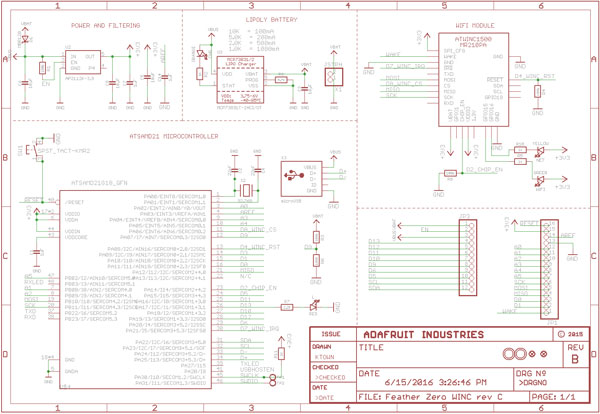 Adafruit Feather M0 Wi-Fi (click to enlarge) Schematic diagram of Adafruit Feather M0 Wi-Fi (click to enlarge)