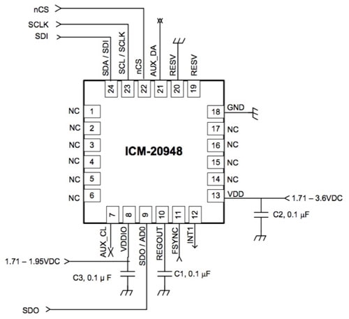 TDK InvenSense ICM-20948 added to an MCU-based design Diagram of TDK InvenSense ICM-20948 added to an MCU-based design