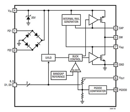 Linear Technology LTC3588-1 nanopower energy harvesting power supply Block diagram of Linear Technology LTC3588-1 nanopower energy harvesting power supply