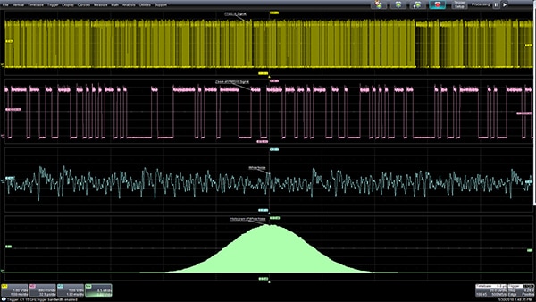PRBS digital noise (top two traces) along with the analog white noise output (third trace from the top) Image of PRBS digital noise (top two traces) along with the analog white noise output (third trace from the top)
