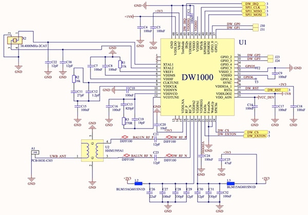 Decawave DW1000 transceiver (click to enlarge) Diagram of Decawave DW1000 transceiver (click to enlarge)