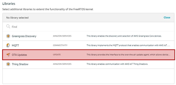Adding the OTA Update library into the a:FreeRTOS configuration Image of adding the OTA Update library into the a:FreeRTOS configuration