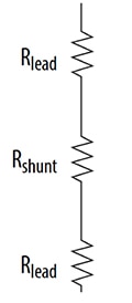 Two-terminal current shunt resistor has three series resistances Diagram of two-terminal current shunt resistor has three series resistances