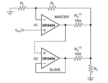 Two Texas Instruments OPA454AIDDAR op amps in parallel Diagram of two Texas Instruments OPA454AIDDAR op-amps in parallel