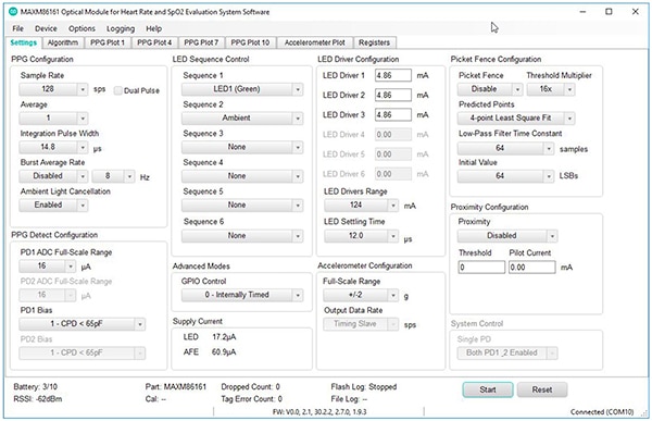 Maxim MAXM86161 evaluation software application (click to enlarge) Image de l'application de logiciel d'évaluation MAXM86161 de Maxim (cliquez pour agrandir)