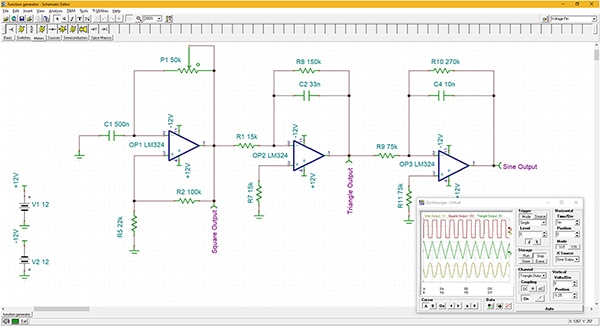 Function generator designed using three LM324 stages (click to enlarge) Diagram of function generator designed using three LM324 stages (click to enlarge)