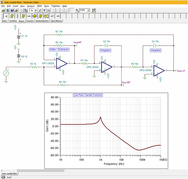 State variable filter uses two integrators and an adder/subtractor stage Diagram of state variable filter uses two integrators and an adder/subtractor stage
