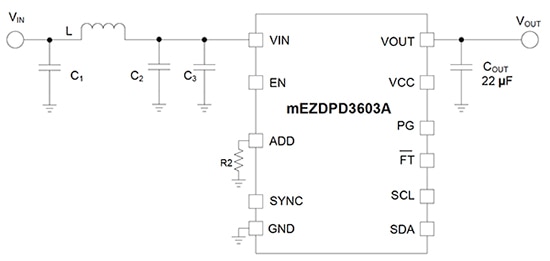 MPS mEZDPD3603A application circuit with EMI filtering Diagram of MPS mEZDPD3603A application circuit with EMI filtering