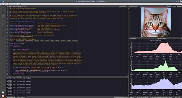 OpenMV IDE camera running a CNN network (click to enlarge) OpenMV IDE 攝影機執行 CNN 網路的圖片 (按此放大)