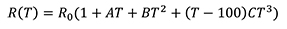 R(T) = R0(1 + AT + BT2 + (T - 100)CT3)  Yhtälö 1