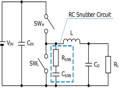 Buck regulator recommended RC Snubber location Schema della posizione consigliata per il soppressore RC del regolatore buck