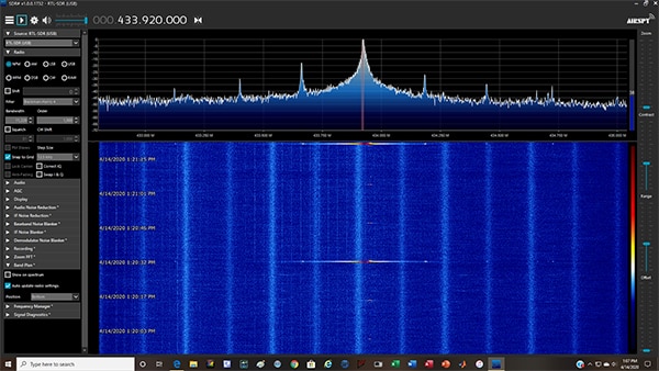 Spectrogram of a remote weather station transmitter at 433.92 MHz (click to enlarge) Image of spectrogram of a remote weather station transmitter at 433.92 MHz (click to enlarge)