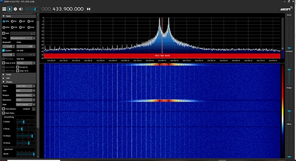 Spectrum of a remote keyless entry device uses FSK of a 433.9 MHz carrier (click to enlarge) Image of spectrum of a remote keyless entry device uses FSK of a 433.9 MHz carrier (click to enlarge)