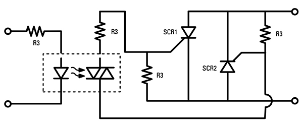 Isolation between low- and high-power circuits in SSR SSR 中低功率與高功率電路之間的隔離示意圖