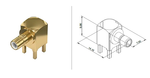Würth Elektronik 61611002121501 SMB connector is a snap-on right angle unit Immagine del connettore SMB 61611002121501 di Würth Elektronik, ad angolo retto e a scatto