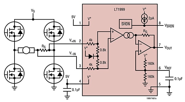Analog Devices LT1999IMS8-20#TRPBF bidirectional CSA (click to enlarge) Diagram of Analog Devices LT1999IMS8-20#TRPBF bidirectional CSA (click to enlarge)