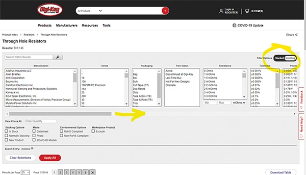 "Through Hole Resistors” with ‘Scrolling’ (horizontal) parameter filters Image de « Résistances à trou traversant » avec filtre paramétrique « Défilement » (horizontal)