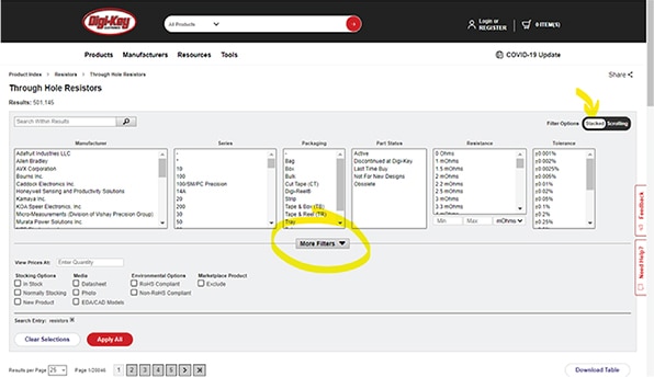 “Through Hole Resistors” with ‘Stacked’ (vertical) parameter filters Image de « Résistances à trou traversant » avec filtre paramétrique « Superposition » (vertical)