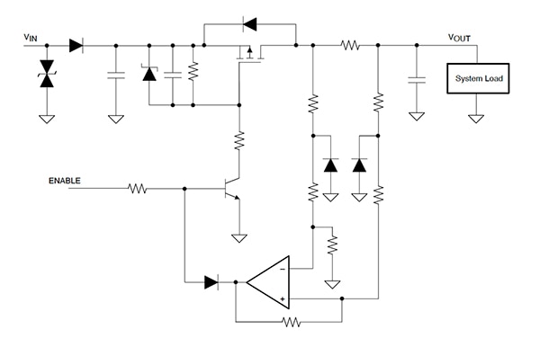 Texas Instruments eFuse with basic functionality using discrete components Texas Instruments 的電子保險絲使用離散式元件提供基本功能示意圖