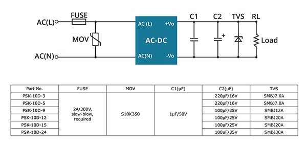 CUI reference design for the PSK-10D-12-T (click to enlarge) Image of CUI reference design for the PSK-10D-12-T (click to enlarge)