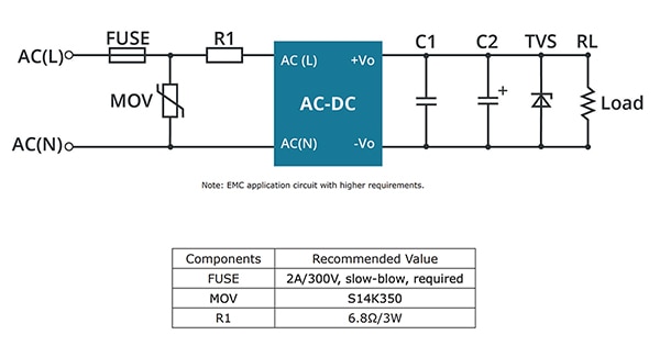 EMC protection, R1 should be added at the AC input line (click to enlarge) Diagram of EMC protection, R1 should be added at the AC input line (click to enlarge)