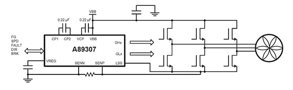 Diagram of Allegro A89307KETSR-J xEV battery pack cooling fan application circuit (click to enlarge) Diagram of Allegro A89307KETSR-J xEV battery pack cooling fan application circuit (click to enlarge)