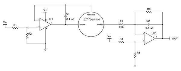 Simplified potentiostat circuit Obrázek zjednodušeného obvodu potenciostatu