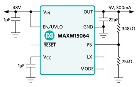 Maxim MAXM15064 requires only three capacitors Diagram of Maxim MAXM15064 requires only three capacitors