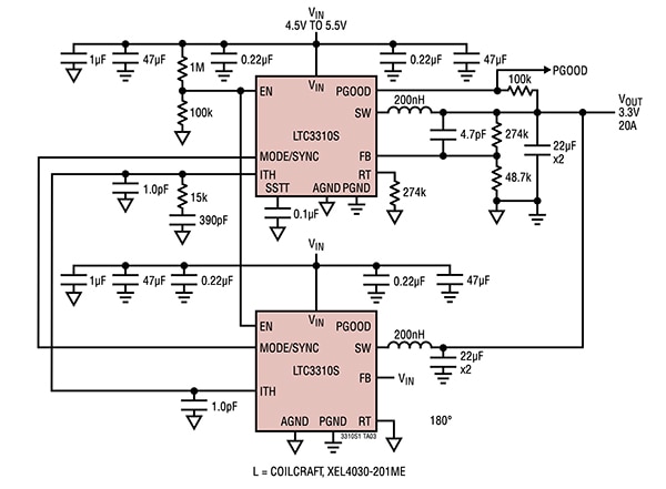 Two or more Analog Devices LTC3310 devices Diagram of two or more Analog Devices LTC3310 devices