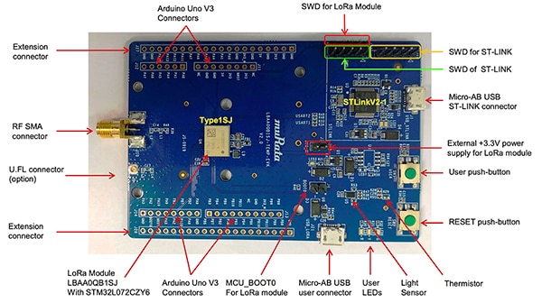Murata’s LBAA0QB1SJ-TEMP-EVK evaluation board (click to enlarge) Obrázek vyhodnocovací desky LBAA0QB1SJ-TEMP-EVK od společnosti Murata (kliknutím zvětšíte)